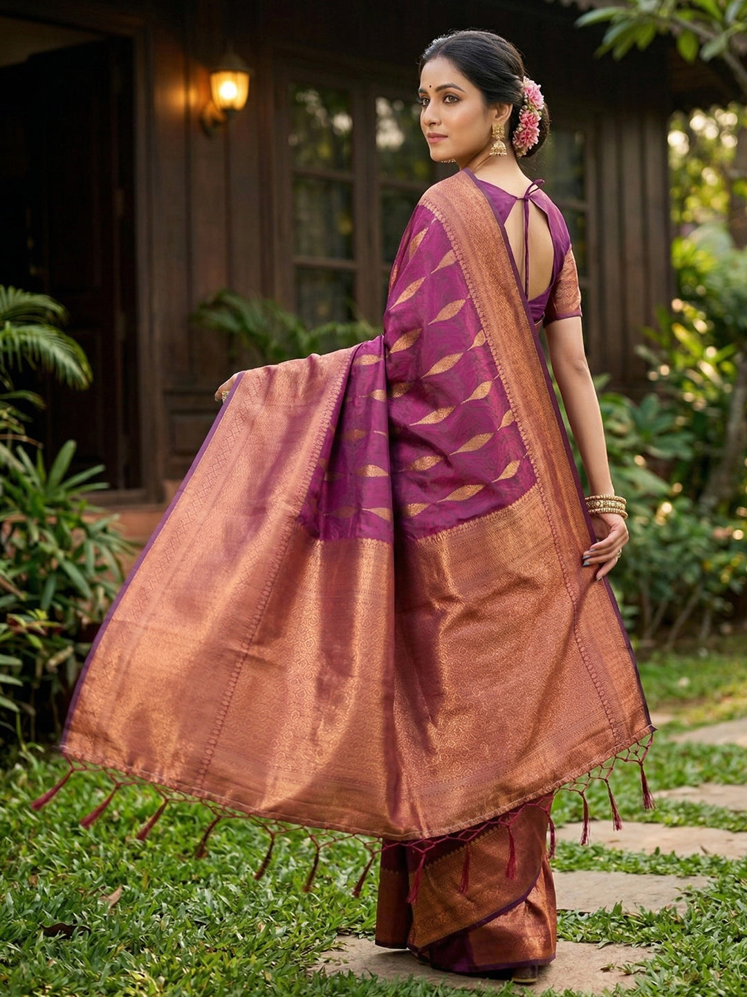 Anaita Purple Silk Blend Woven Saree With Blouse