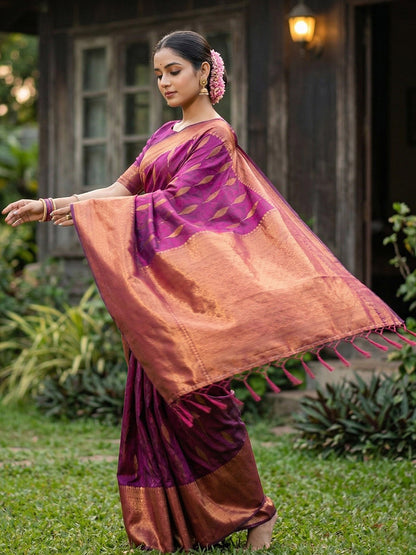 Anaita Purple Silk Blend Woven Saree With Blouse