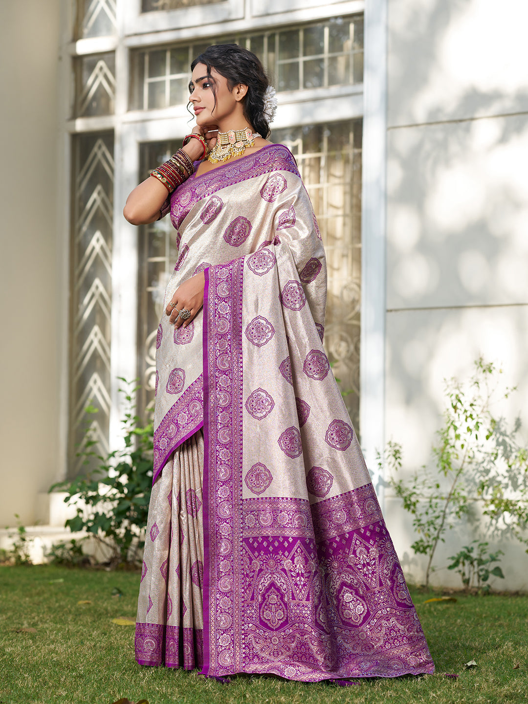 Anaita Purple Silk Blend Woven Saree With Blouse