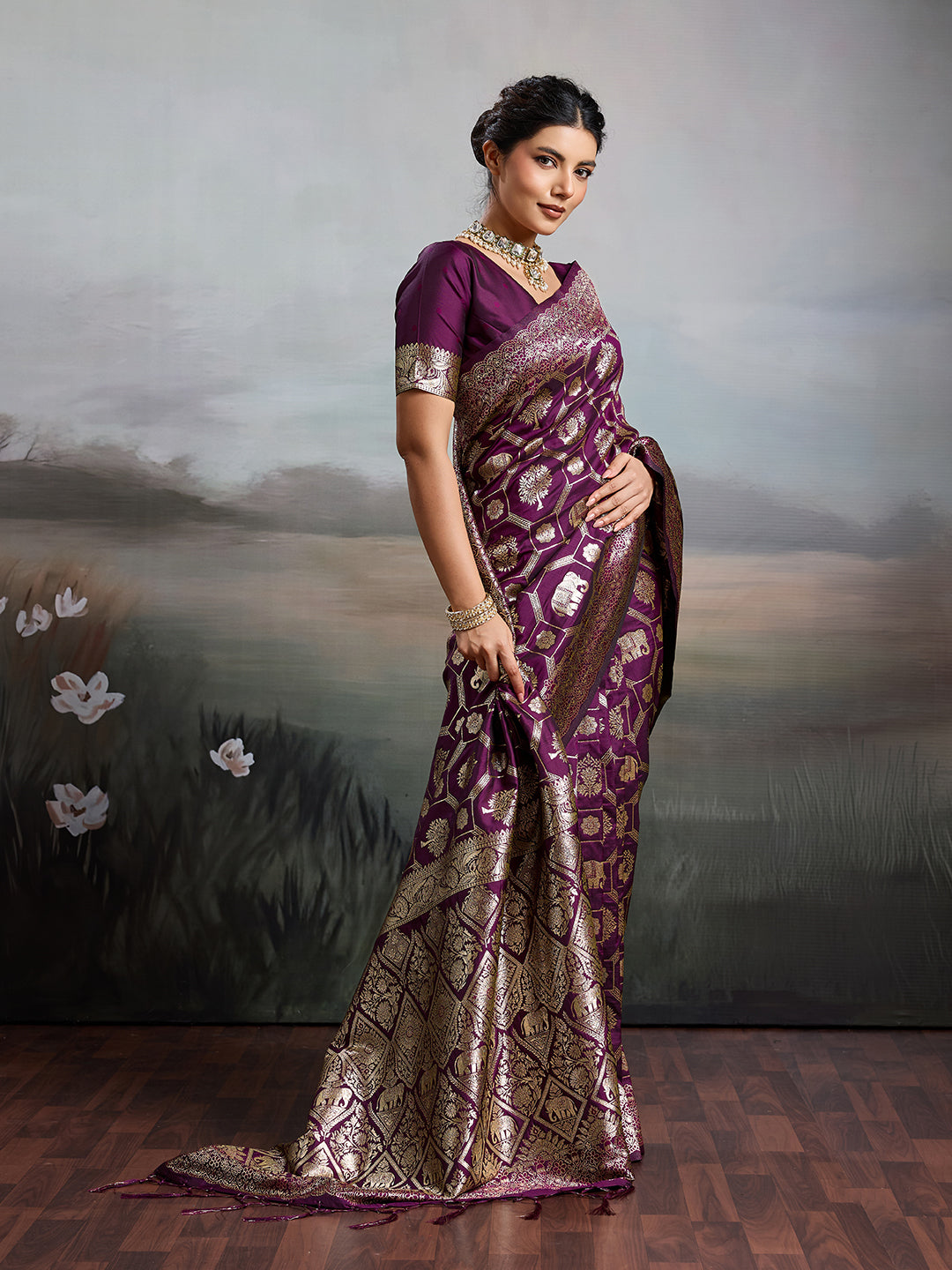 Anaita Purple Silk Blend Woven Saree With Blouse