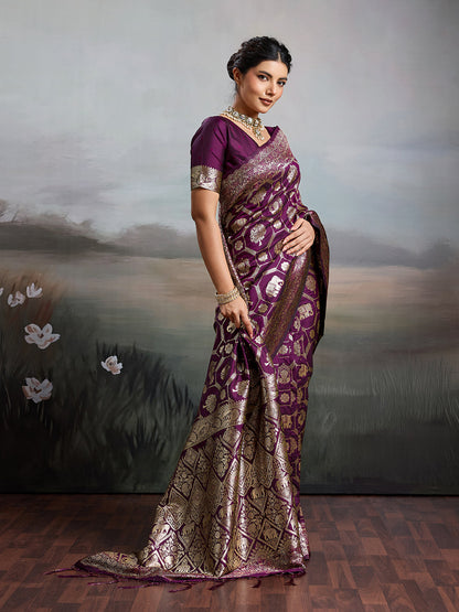 Anaita Purple Silk Blend Woven Saree With Blouse