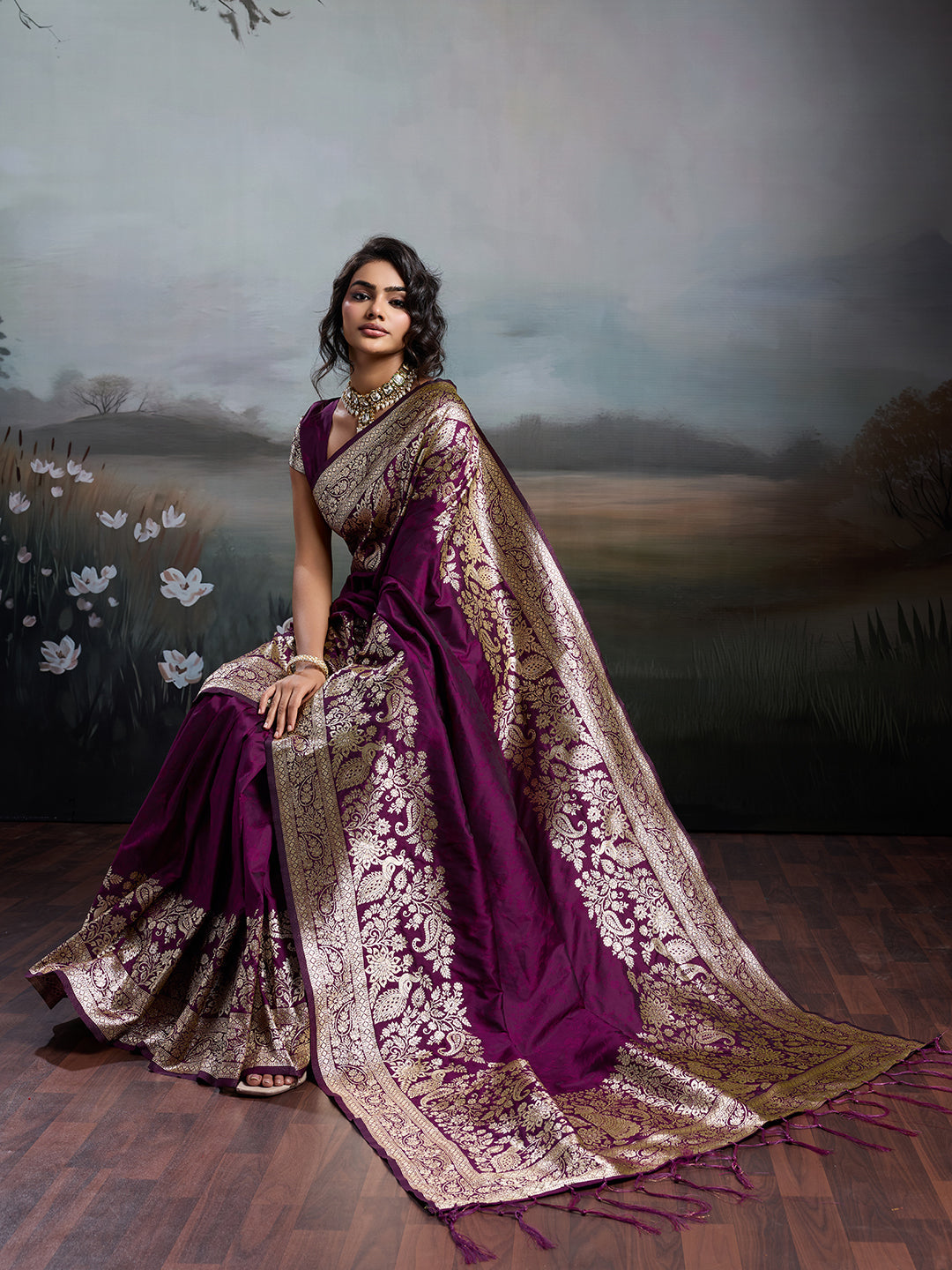 Anaita Purple Silk Blend Woven Saree With Blouse