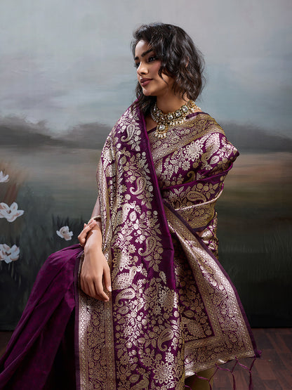 Anaita Purple Silk Blend Woven Saree With Blouse