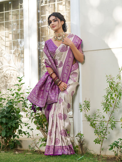 Anaita Purple Silk Blend Woven Saree With Blouse