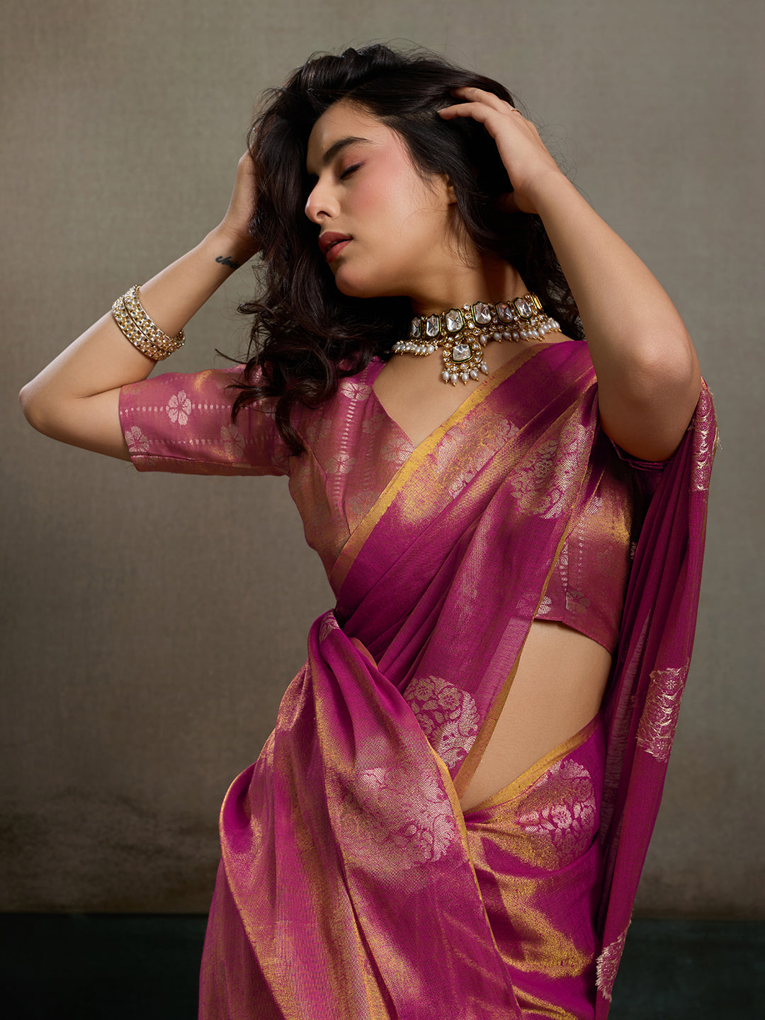 Anaita Purple Tissue Silk Woven Saree With Blouse