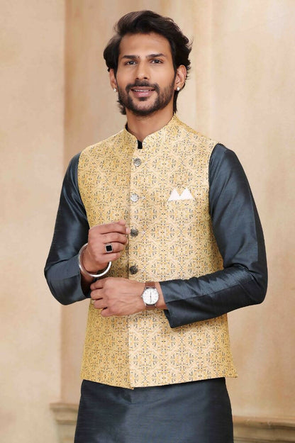 Raivat Ethnic Jacquard Banarasi Silk Woven Work 3 Pics Jacket Set In Beige Colour