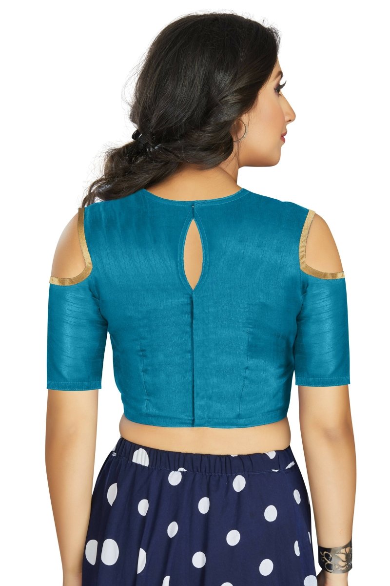 Aastha Fashion Women's Firozi Art Silk Cold Shoulder Sleeve Readymade Blouse