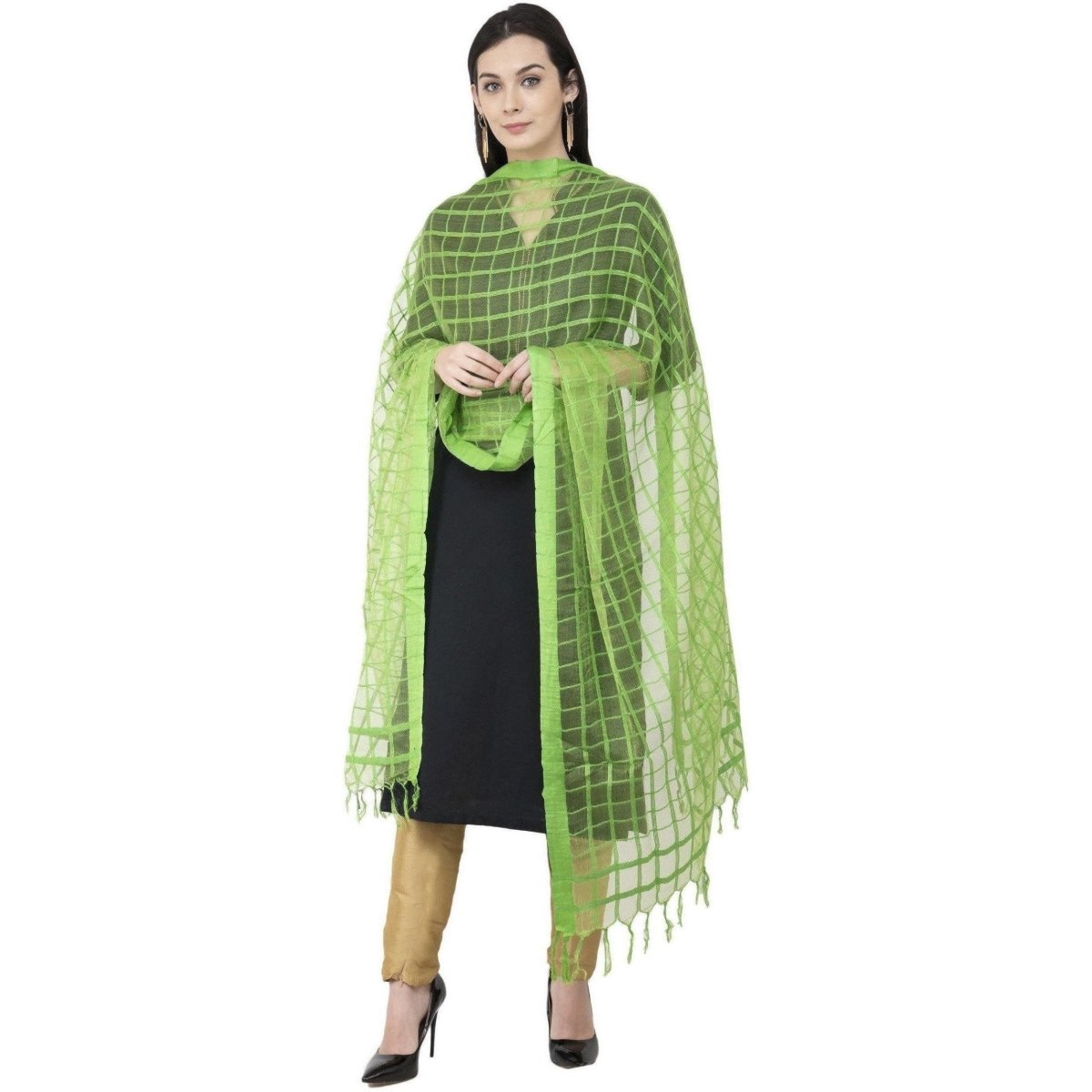 A R Silk Cotton Square Regular Dupatta Parrot Green Color Dupatta or Chunni