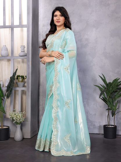 Vastranavya Sky Blue Embroidery Work Shimmer Chiffon Saree with Unstitched Blouse