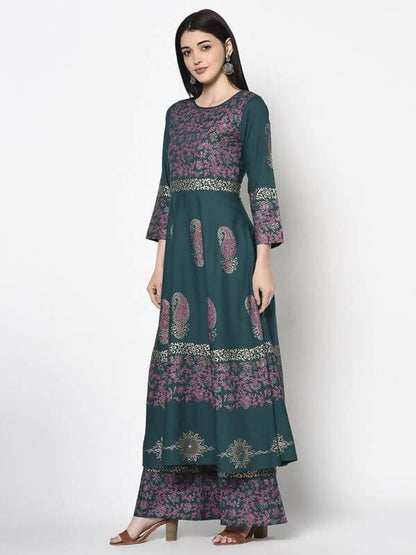 Aniyah Rayon Teal Blue Color Block Print Anarkali Palazzo Set (AN-220K)
