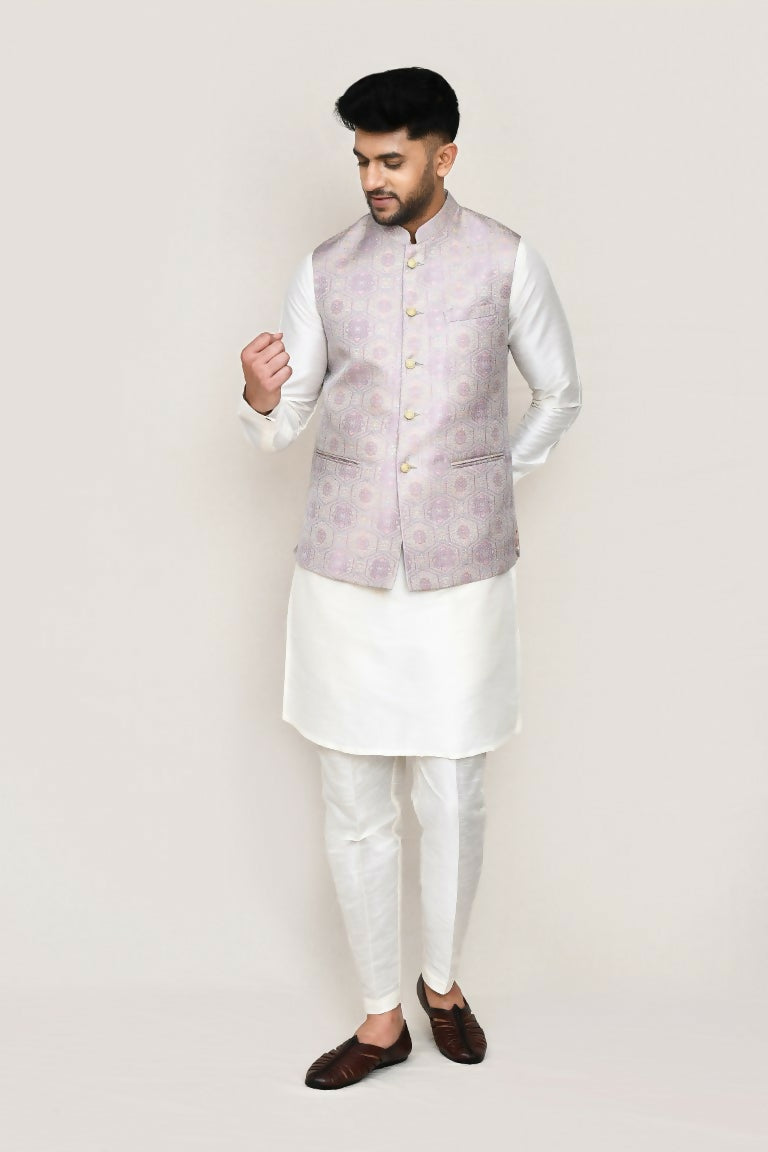 Joban Fashion White Colored Art Silk Fabric Kurta, Jacket With Straight Fit Pant