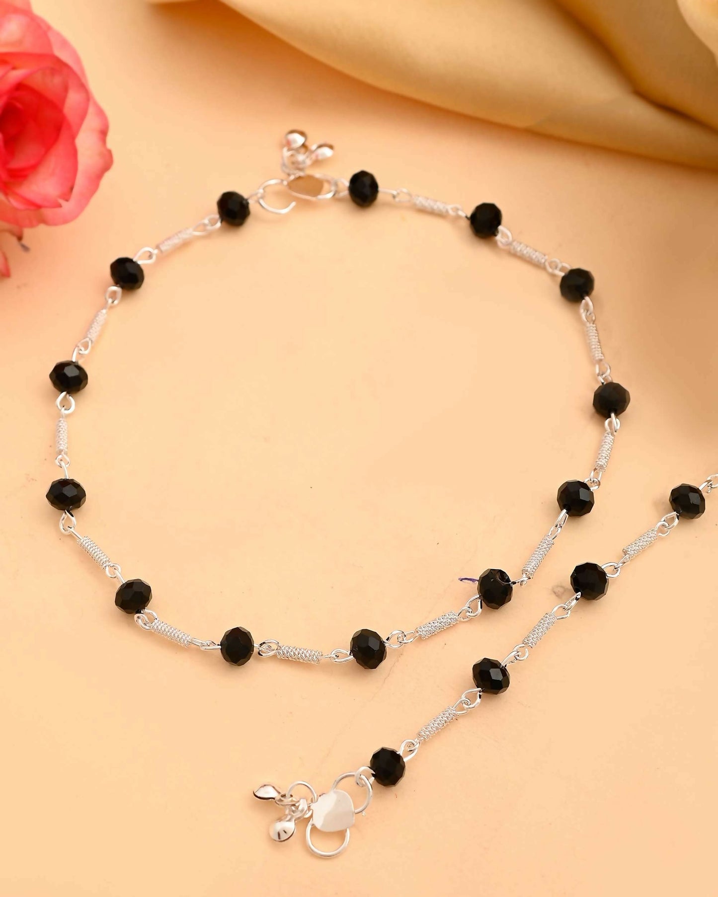 VOJ Set of 2 Silver Plated With Black Beads Anklet