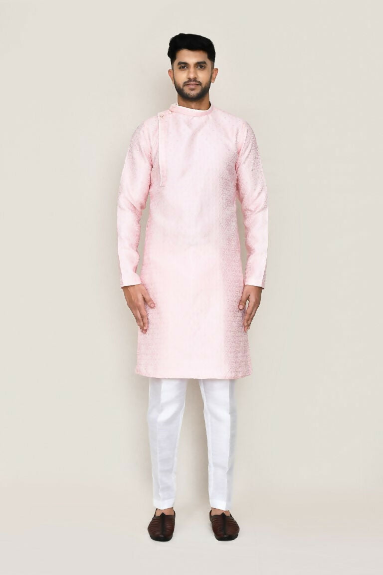 Joban Fashion Red Colored Weaving Silk Fabric Kurta With Straight Fit Pant