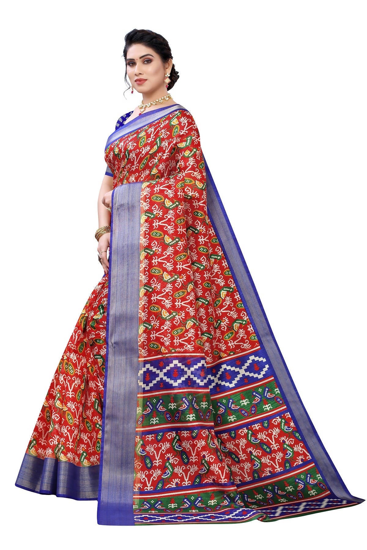 Vamika Red and Blue Linen Jari Border Saree Online At Low Price