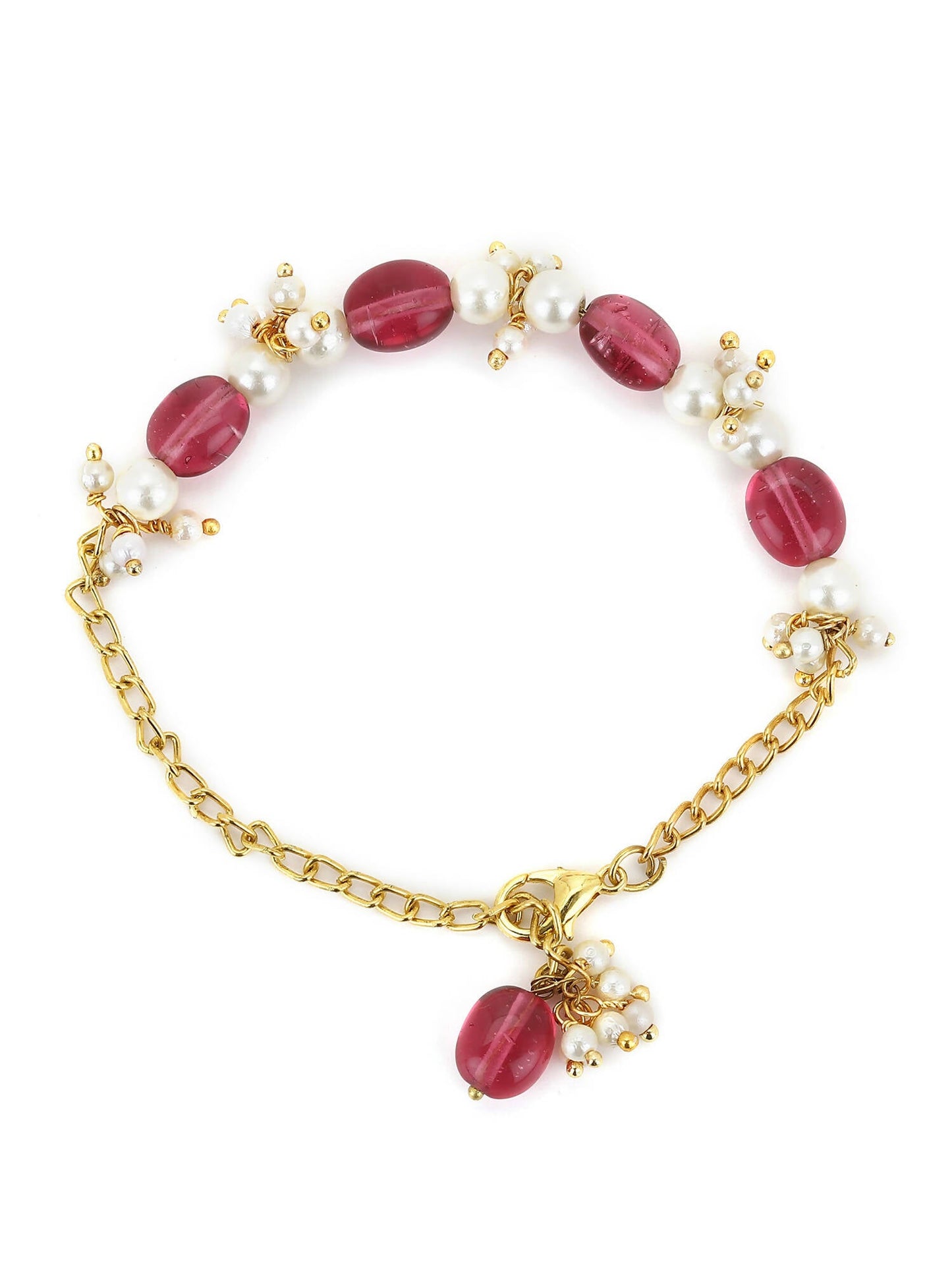 Women's Gold-Toned White Brass Kundan Gold-Polished Link Bracelet - Ruby Raang