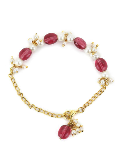 Women's Gold-Toned White Brass Kundan Gold-Polished Link Bracelet - Ruby Raang