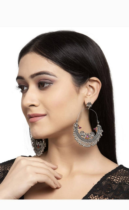 Mominos Fashion Silver-Plated Peacock Design Multi-Color Chandbali Earrings