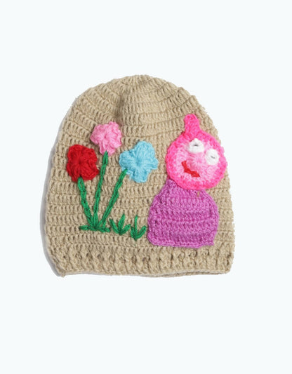 Chutput Kids Woollen Hand Knitted Flower And Animal Detail Cap - Beige