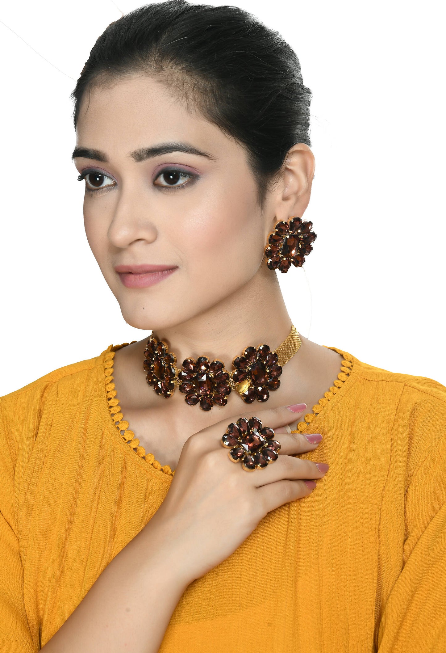 Mominos Fashion Joharkamal Gold-Polished Brass Finish Stone Choker For Women & Girls (Brown)