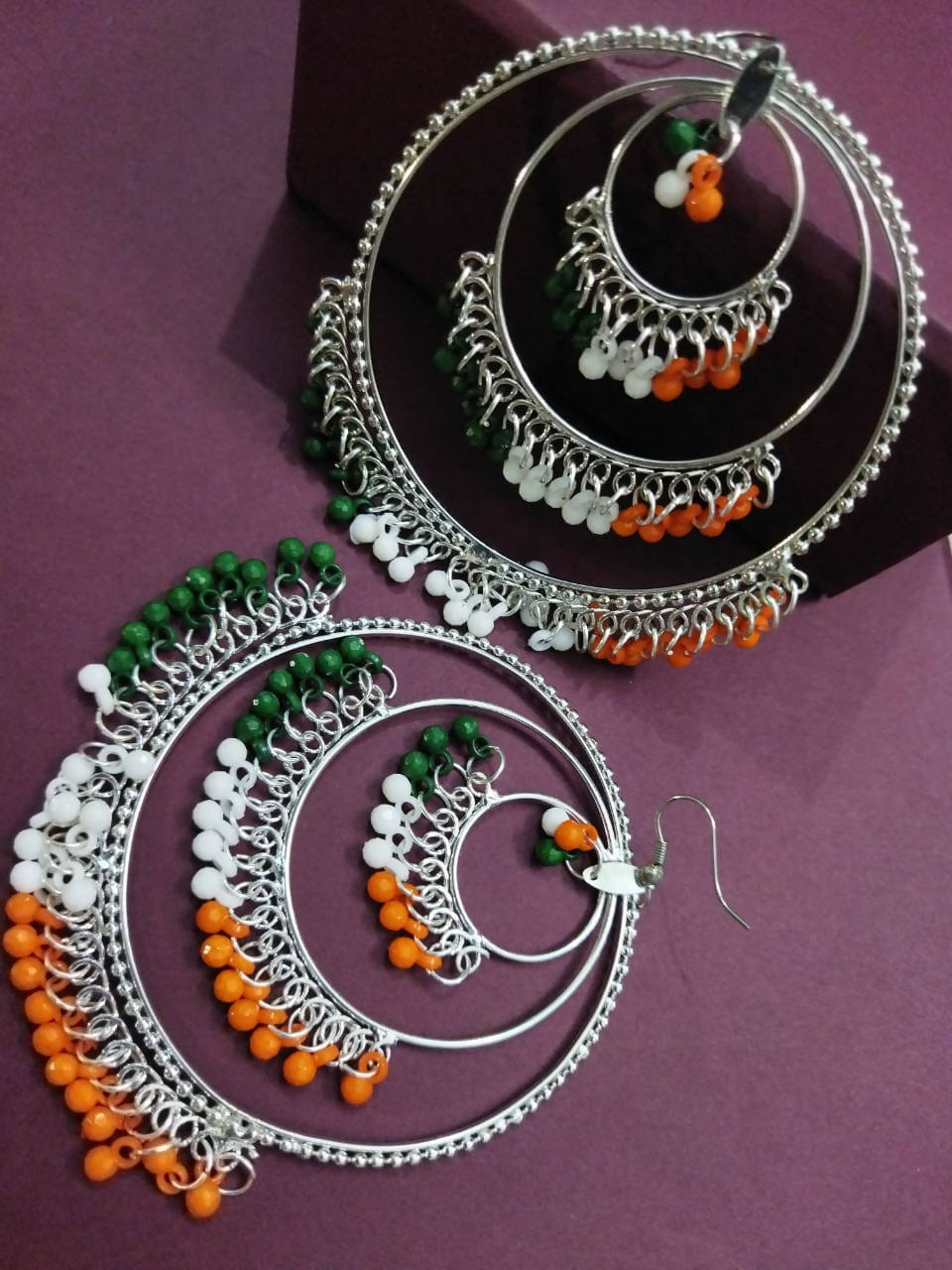 Mominos Fashion Traditional Silver-Plated Indian Tricolor Earrings
