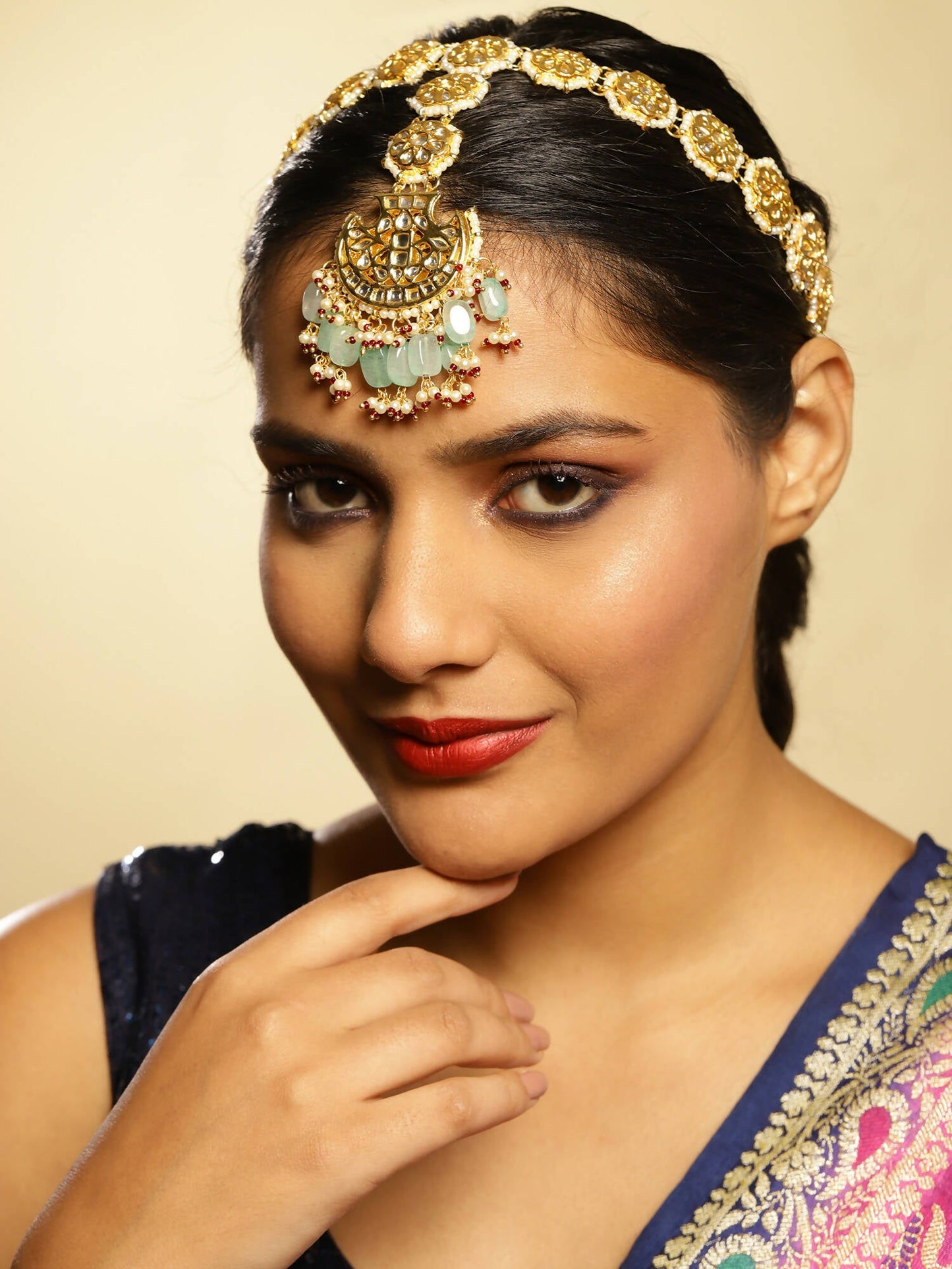 Gold-Polished White Blue Kundan-Studded Pearl Beaded Matha Patti - Ruby Raang