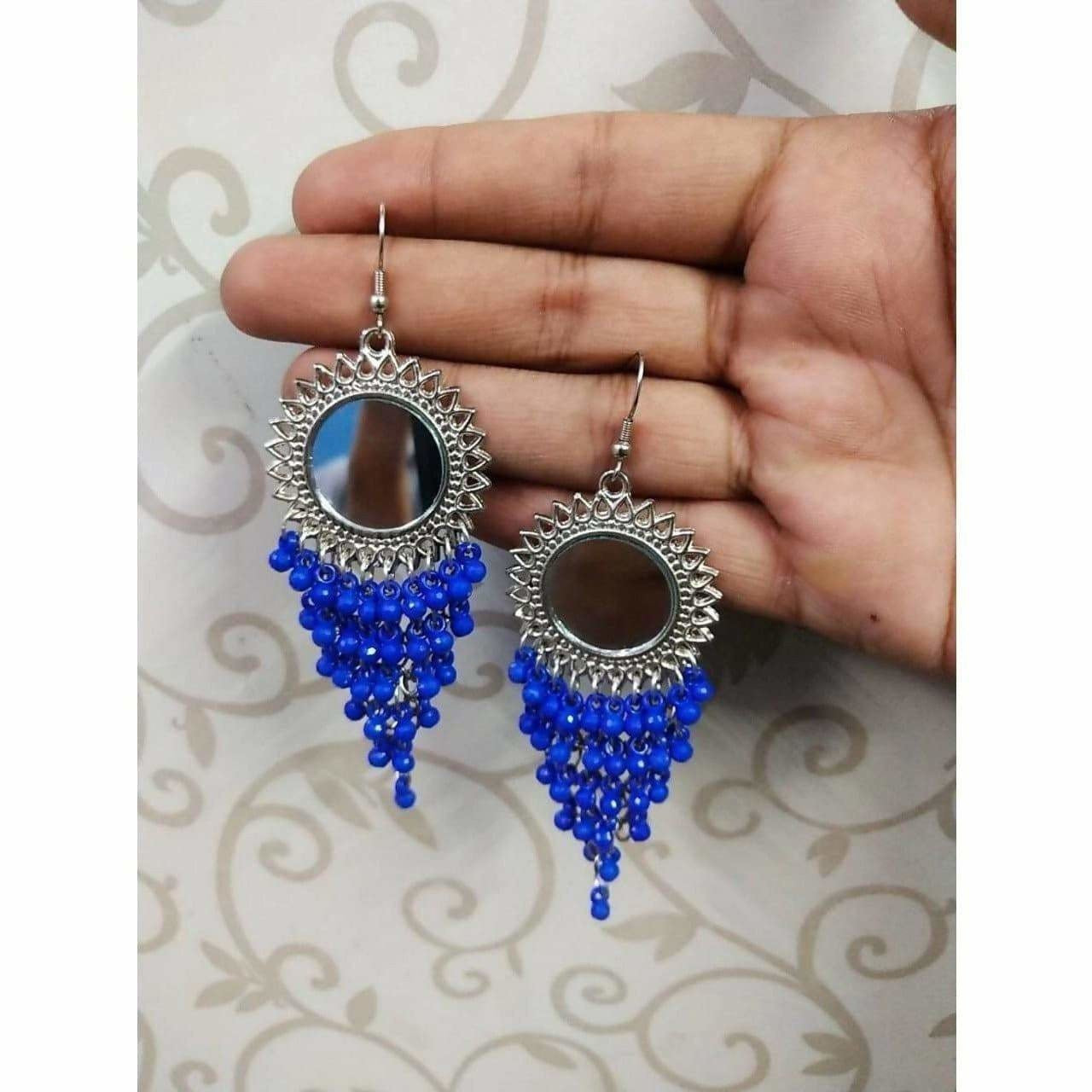 MS Fashion India Round Mirror Silver Color Design Hanging Blue Pearls Earrings