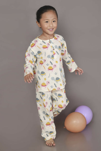 Breathables Kids Cotton Turtle Print Co-Ord Night Suit – White & Multi-Color