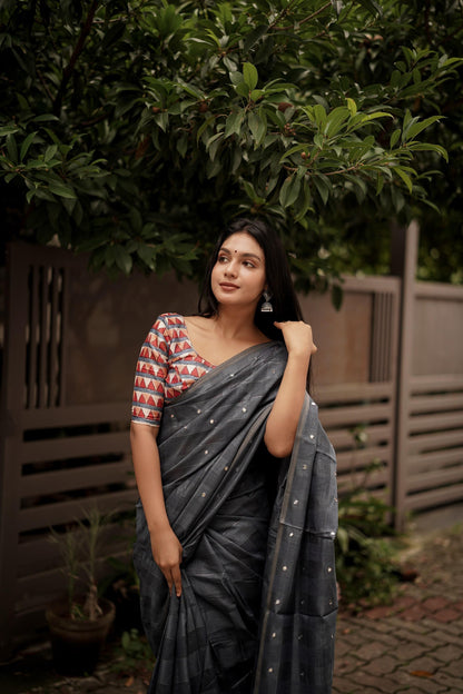 Grey Pure Linen Ethnic Motifs Saree with Unstitched Blouse - A2M