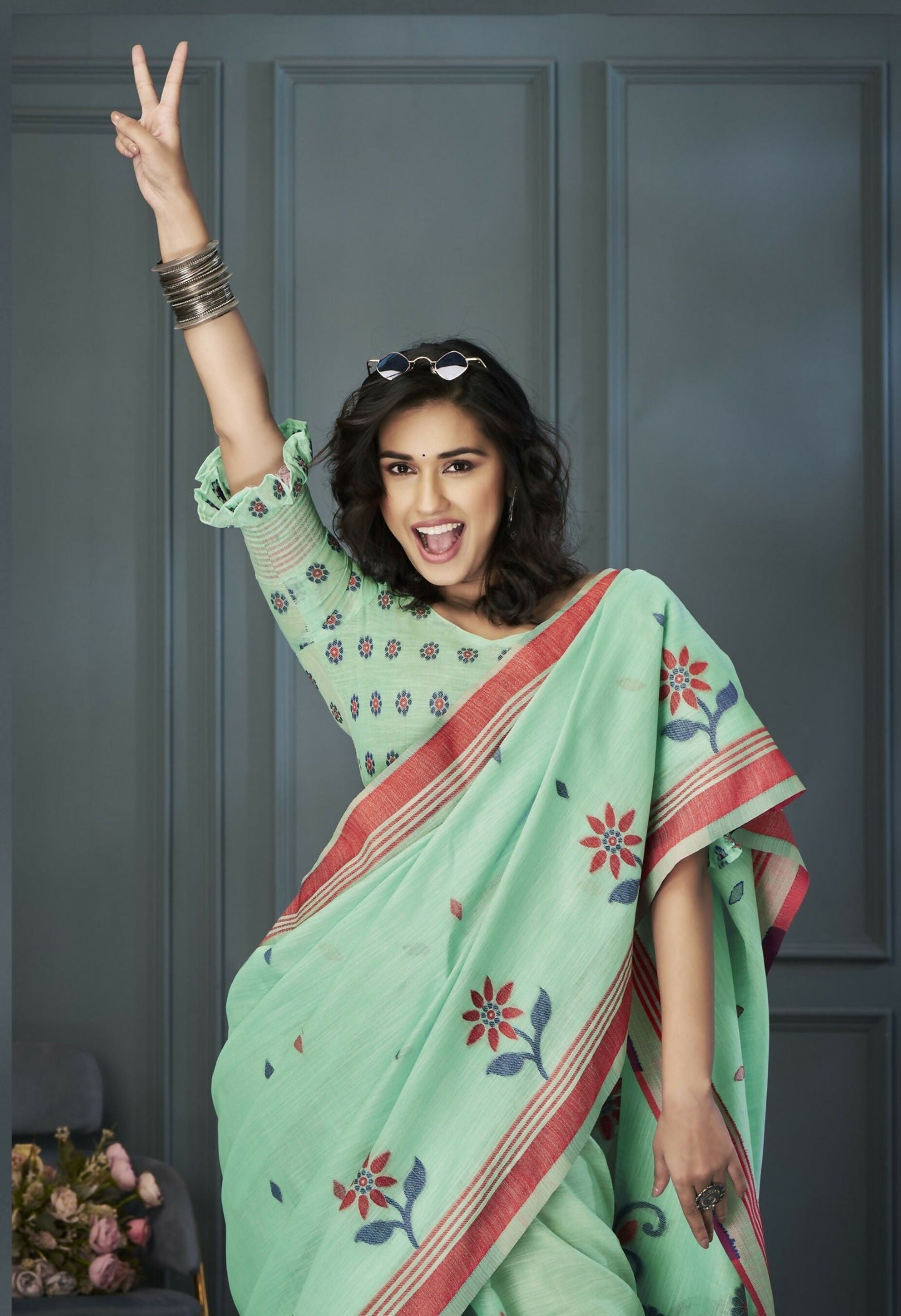 Anaita Light Green Designer Weaving Handloom Linen Saree With Blouse