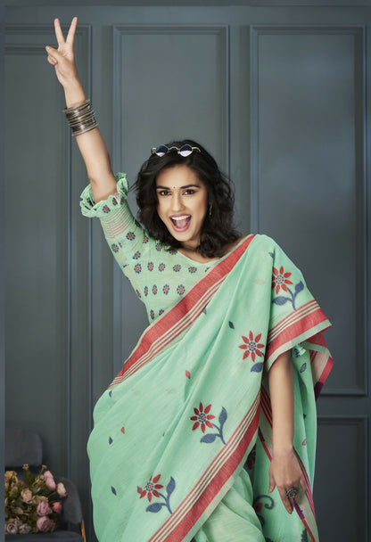 Anaita Light Green Designer Weaving Handloom Linen Saree With Blouse