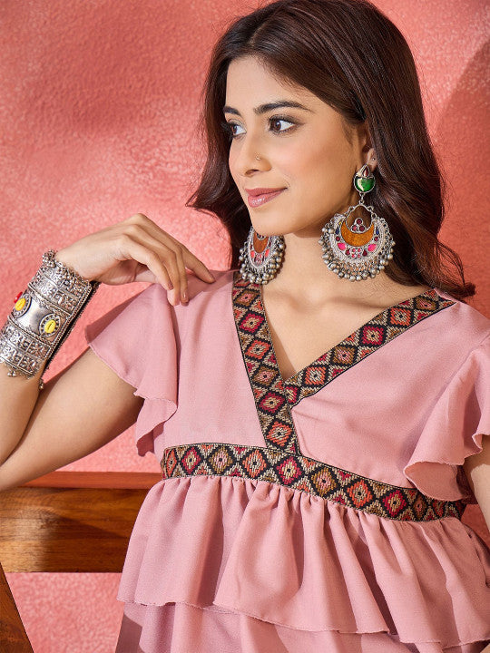 Sangria Ruffle V-Neck Flutter Sleeve Top