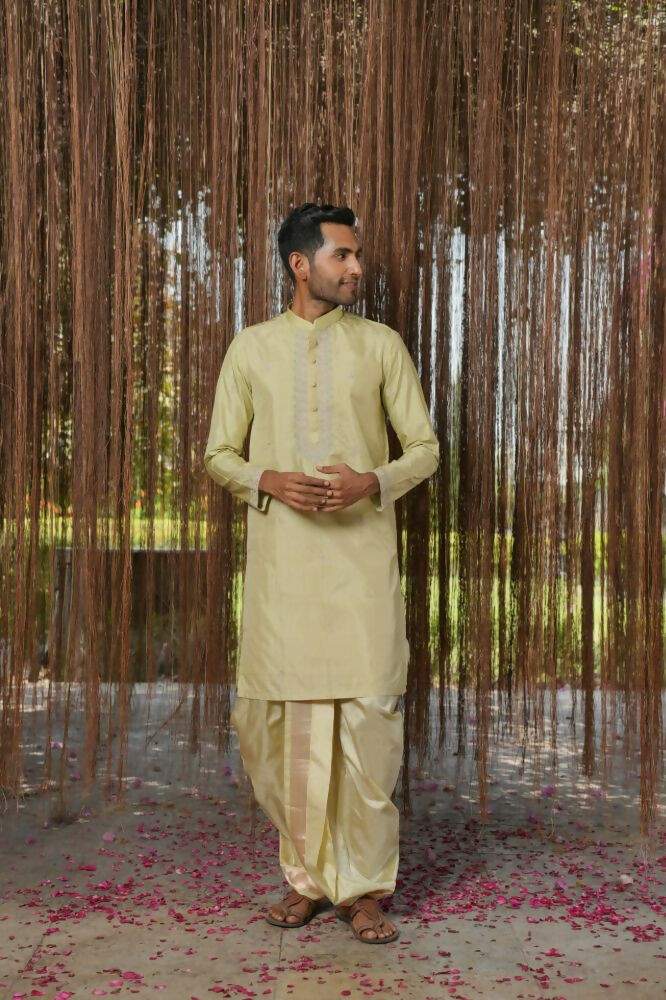 Olive Kanjivaram Machien Embroidered Pattu Set by Hilo Design