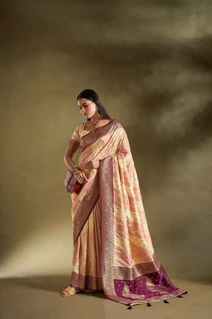 Joban Fashion Cream & Light Pink Plain With Weaving Border Banarasi Silk Sarees