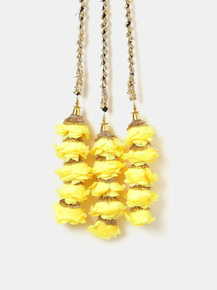 Ruby Raang Gold Gota Pati Work And Yellow Rosses With Black Thread & Golden Stones