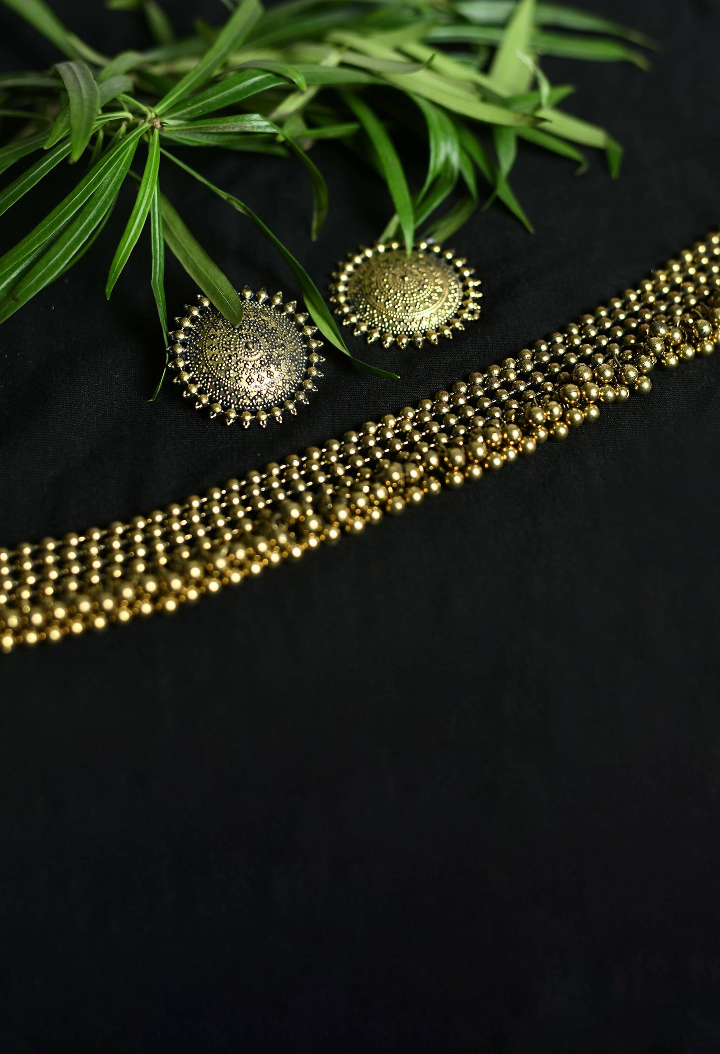 Mominos Fashion Johar Kamal Oxidised Gold-Polished Brass Finish Ghungroo Design Choker Set