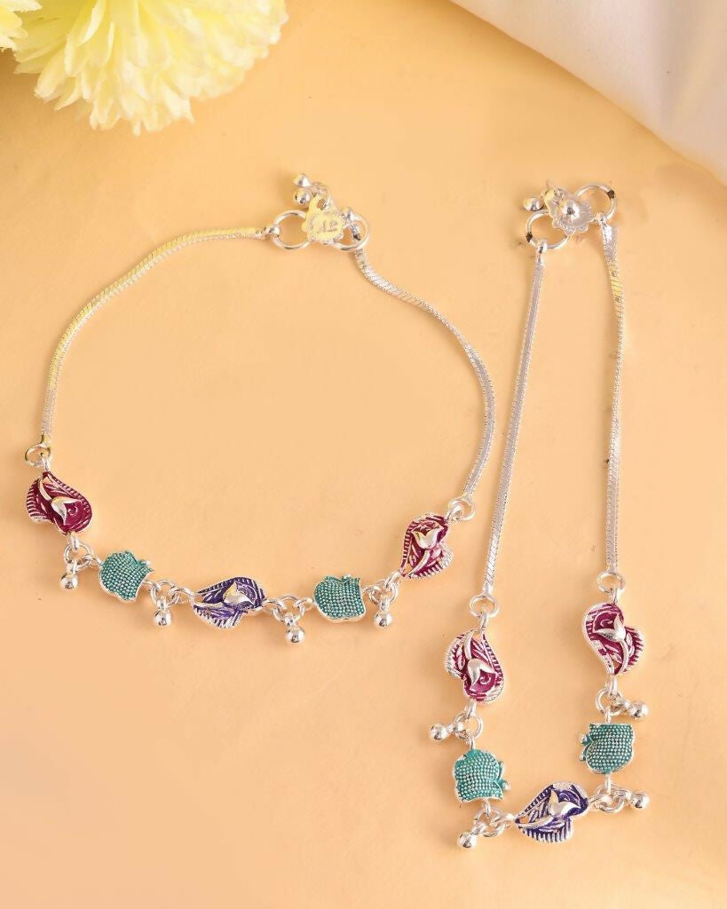 VOJ Set of 2 Silver Plated Designer Multi Color Anklet
