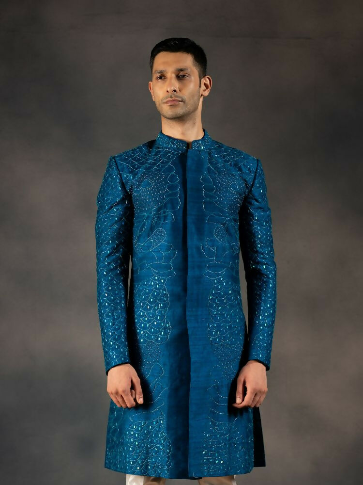 Ink Blue Hand Embroidered Indowestern Sherwani by Hilo Design