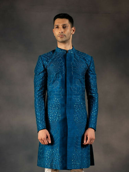 Ink Blue Hand Embroidered Indowestern Sherwani by Hilo Design