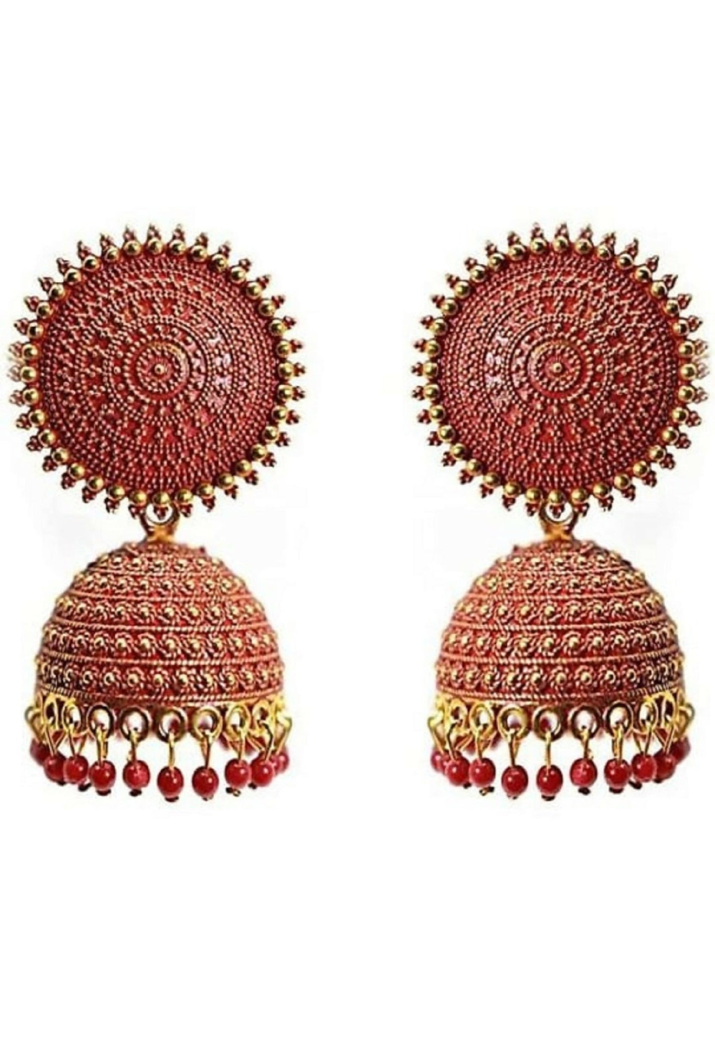 Mominos Fashion Joharkamal Gold-Polished Meenakari Jhumkas For Women & Girls (Red)
