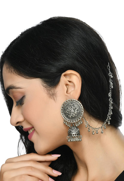 Mominos Fashion Johar Kamal Trendy Oxidized Silver Plated Bahubali Jhumkas