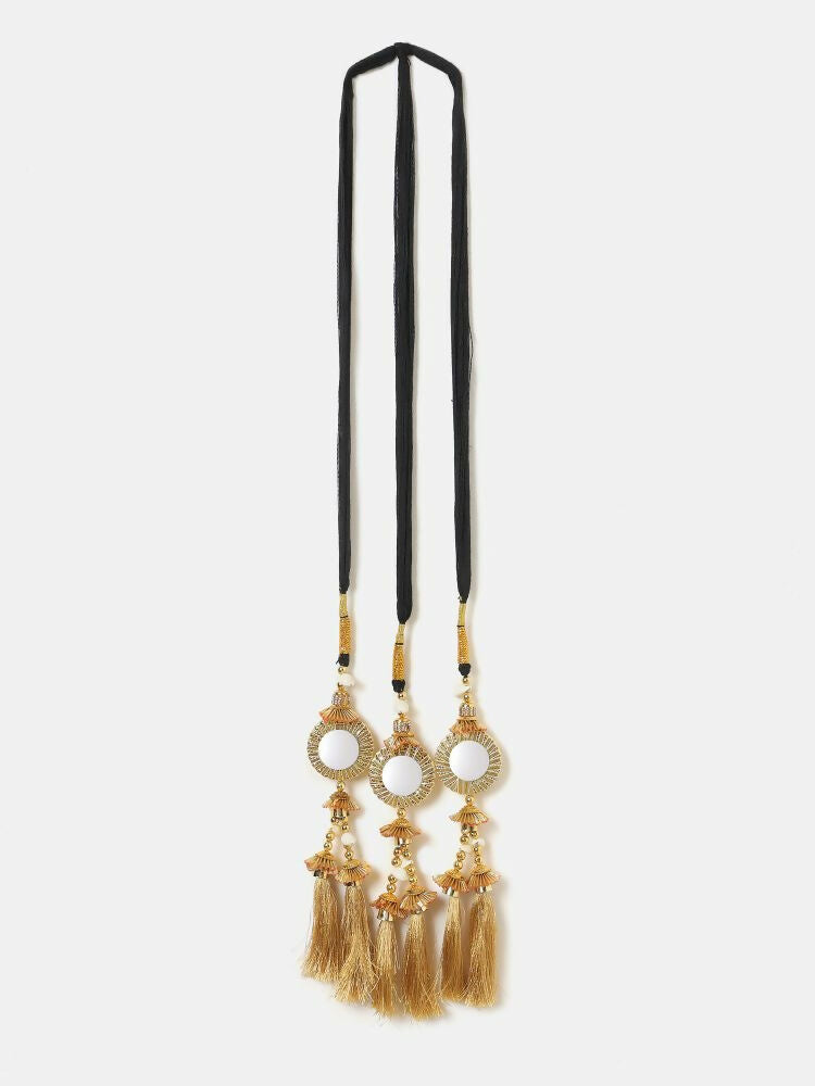 Ruby Raang Gold Gota Pati Work And Threads With Pearls And Black Thread And Mirrors