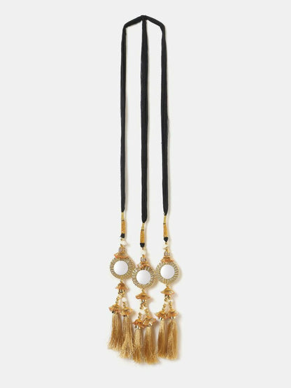 Ruby Raang Gold Gota Pati Work And Threads With Pearls And Black Thread And Mirrors