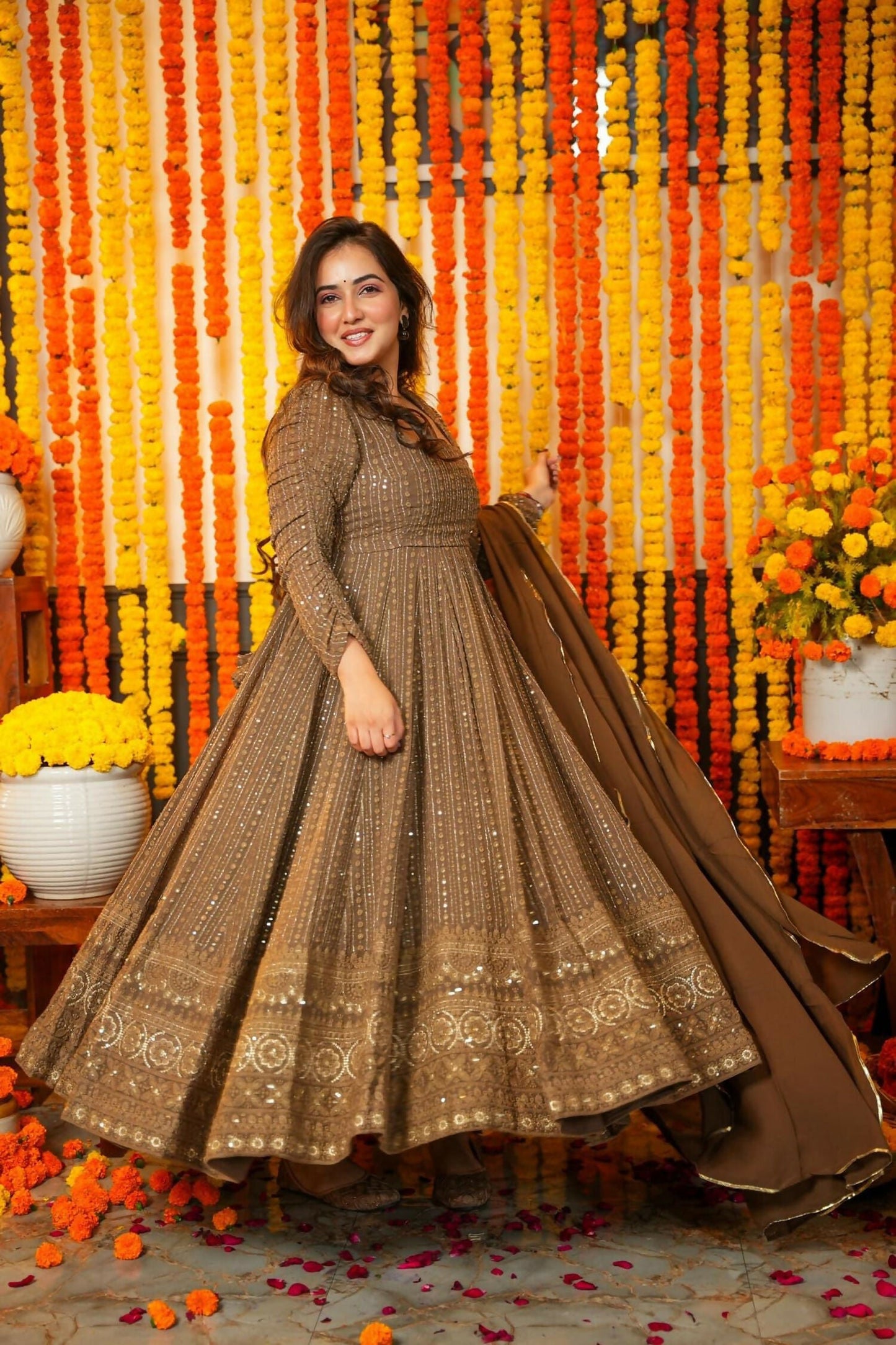 Aayaa Designer Embroidery Zari Sequins Work Faux Blooming Georgette Suit - Brown