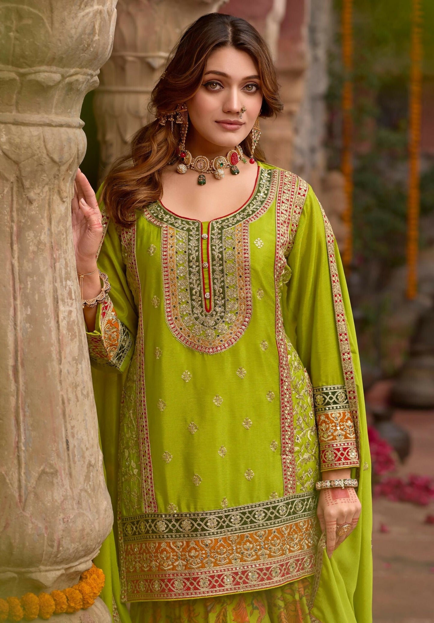 Anaita Parrot-Green Chinon Readymade Palazzo Suit with Codding Dori & Sequence Work
