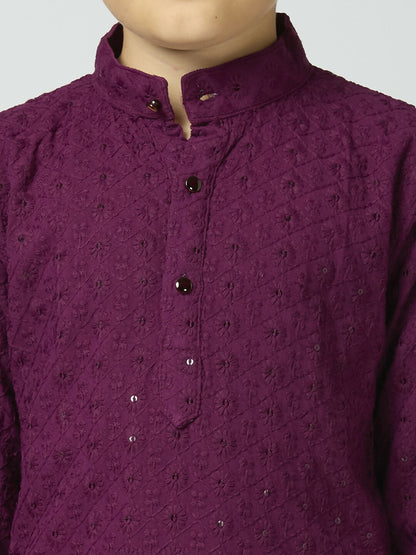 Joban Fashion Kids Island Full Sleeves Cotton Kurta, Pyjama Set with Sequin work - Wine