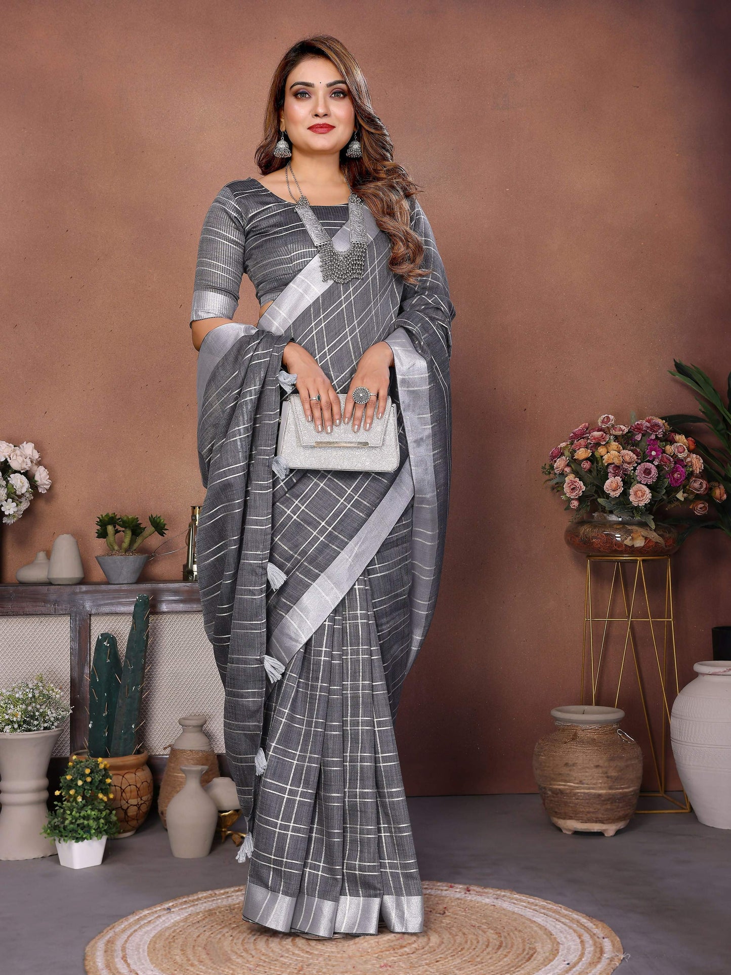 Aastha Fashion Grey Linen Weaving Saree