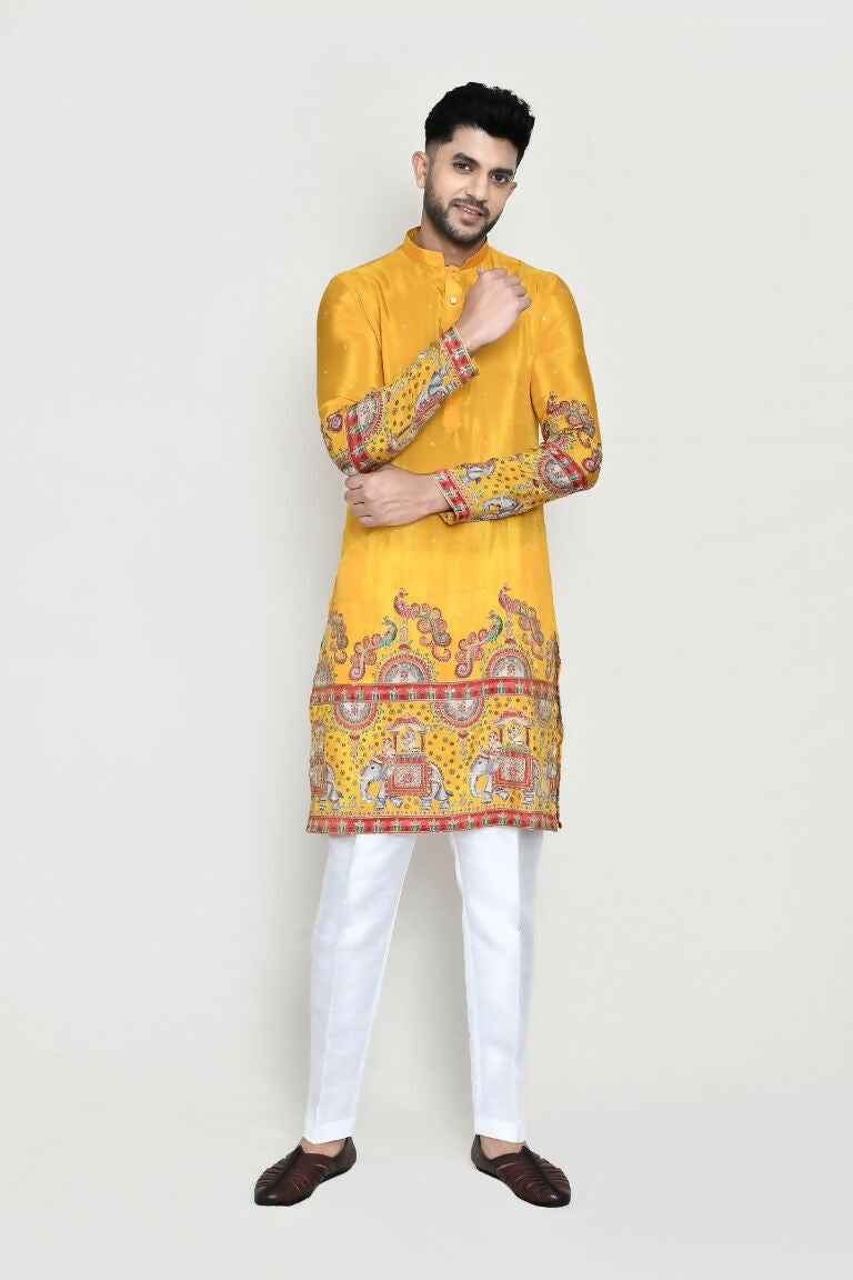 Joban Fashion White Colored Rayon Based With Digital & Sequence Work Fabric Kurta,Straight Fit Pant