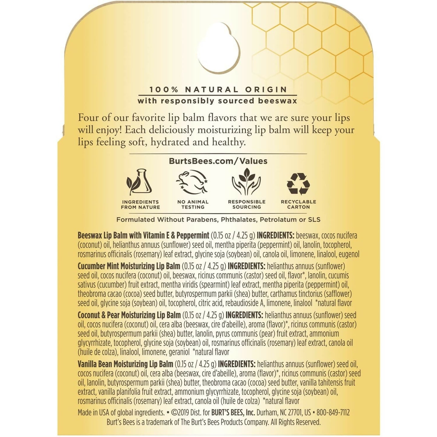 Burt's Bees Natural Moisturizing Lip Balms (Beeswax, Cucumber Mint, Coconut & Pear, Vanilla Bean)