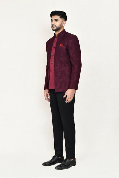Joban Fashion Maroon Colored Imported Jacquard Fabric Open Prince Coat, Jacket With Pant