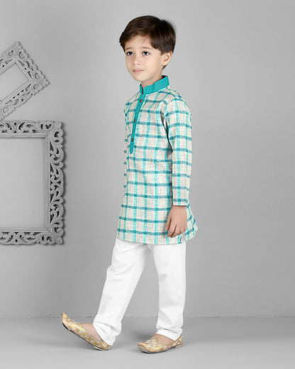Joban Fashion Kids Island Cotton Full Sleeves Striped Kurta and Pyjama- Teal Blue